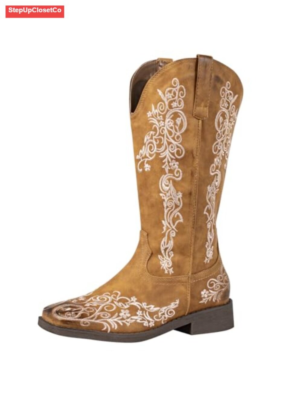 Women Square Toe Cowboy Boots Floral Embroidered Western Boots Wide Calf